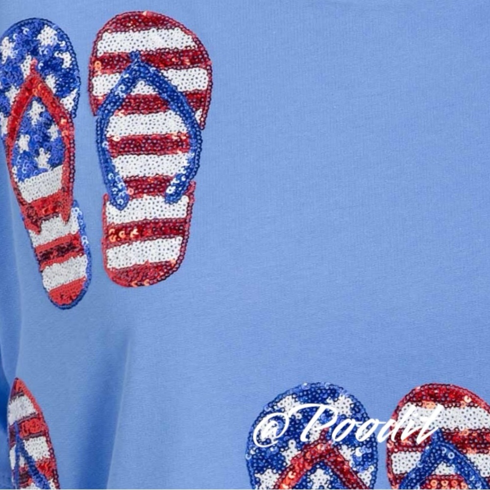 FANTASTIC FAWN French Terry Blue T-Shirt with Flip-Flop Print S M L - Picture 3 of 5